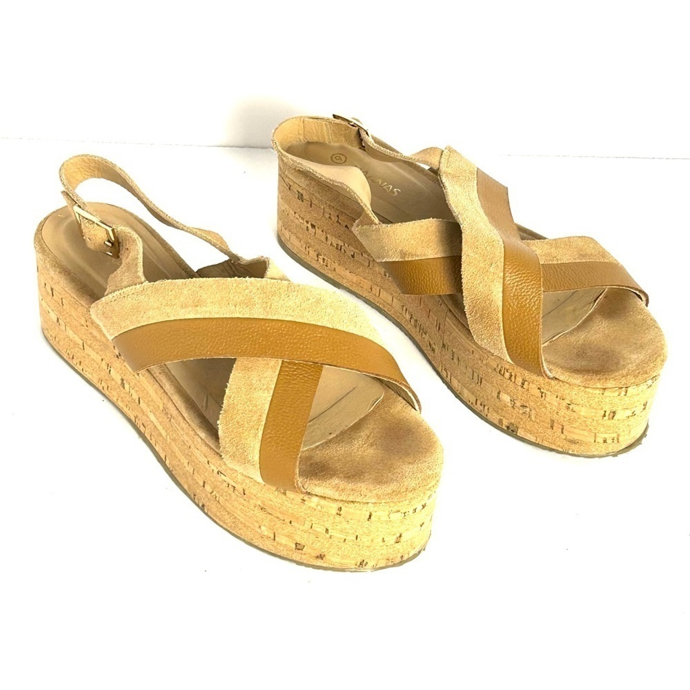Anthro KAANAS Platform Sandals Tan Leather Suede Flatform Crisscross Cork Sz 9